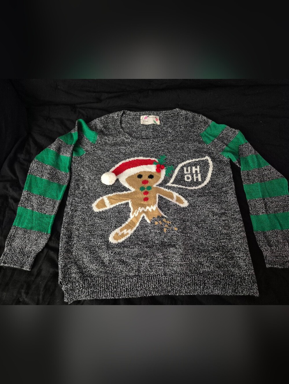 Gray Holiday Gingerbread Man Sweater with Pom Pom Accent